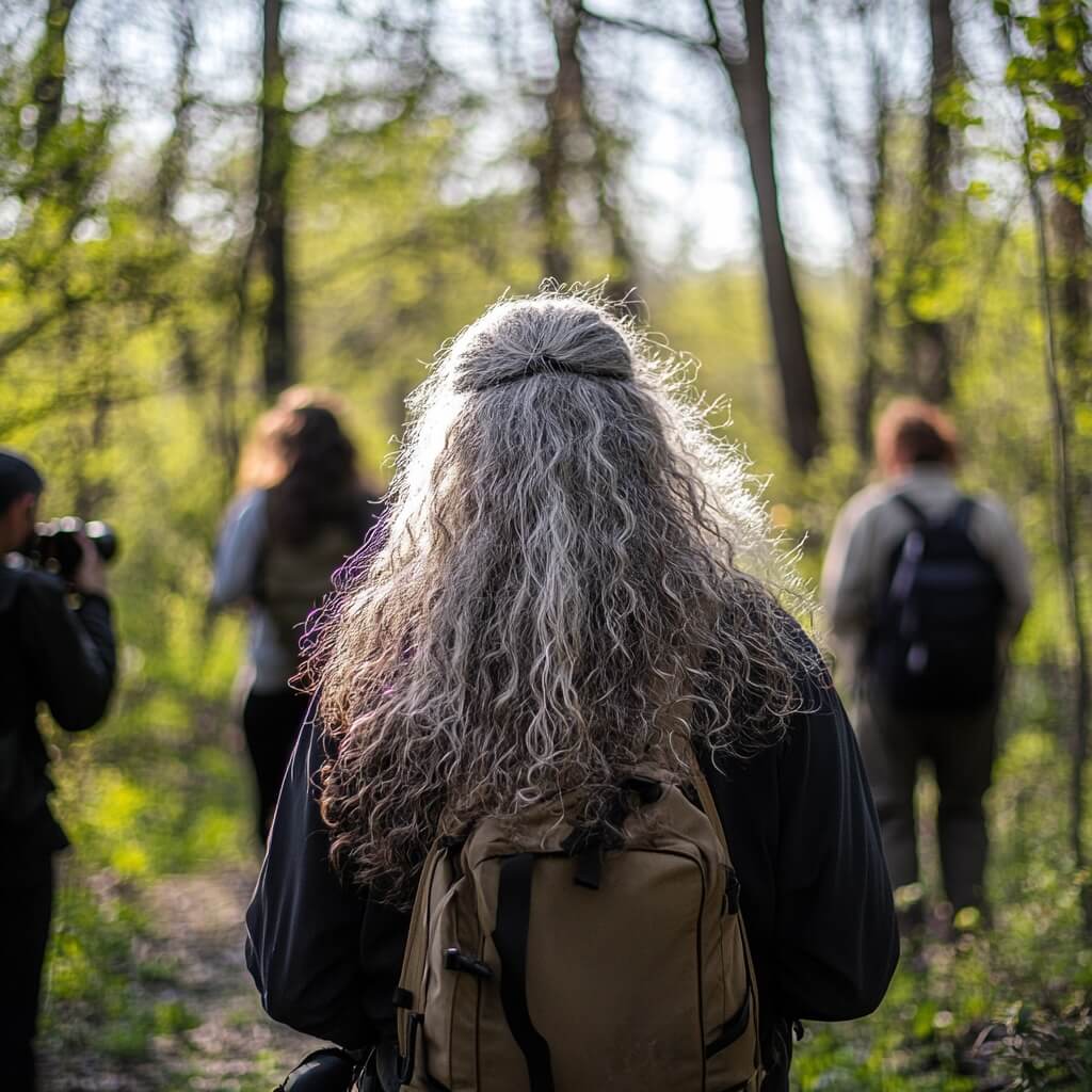 Photography Workshops a grey haired man leads a group of 3 attendees on a photography workshop in a Spring forest.