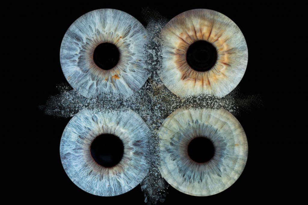 Four irises in a square with clash effect. Iris photography
