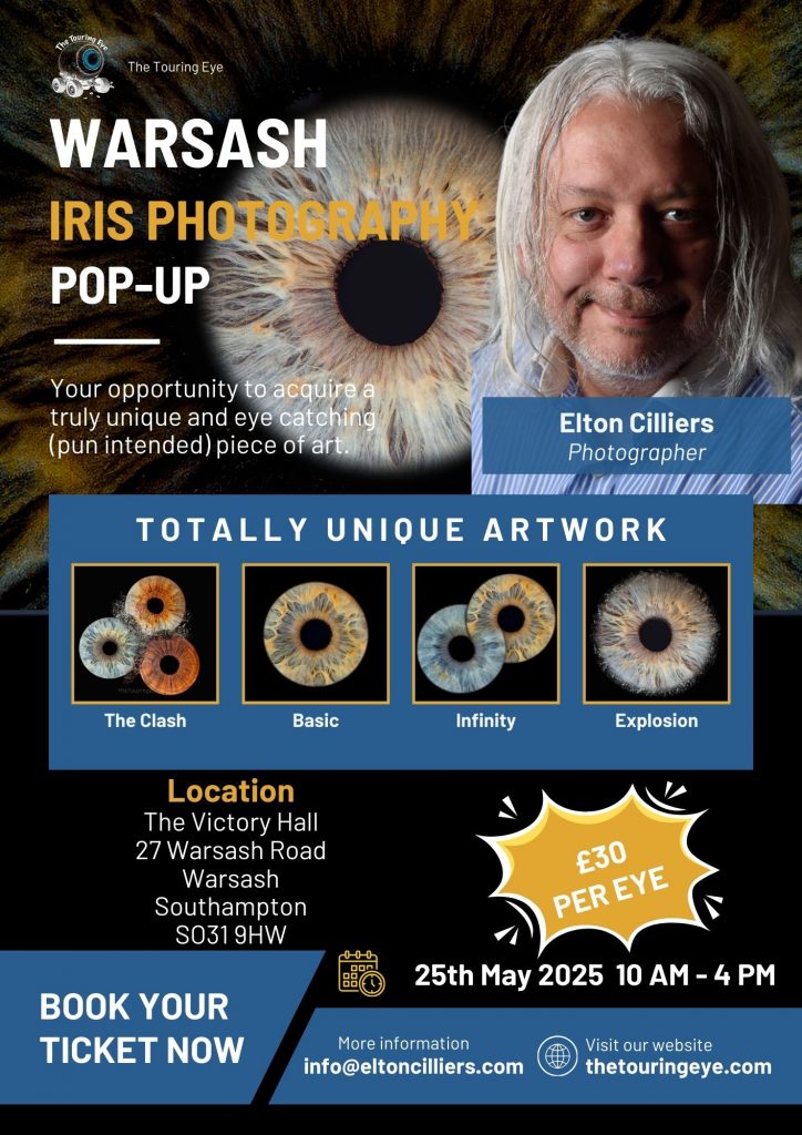 Warsash iris photography pop-up event poster. Eye photography