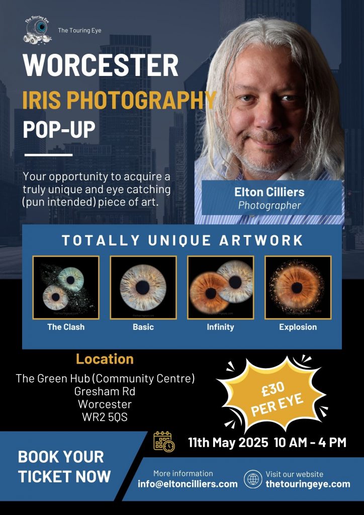 Worcester iris photography pop-up event poster. Eye photography