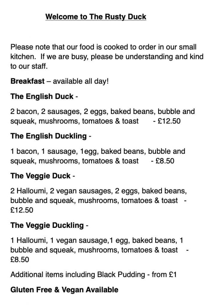 The Rusty Duck Dorchester food menu page 1