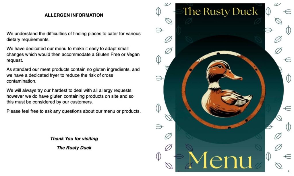 The Rusty Duck Menu
