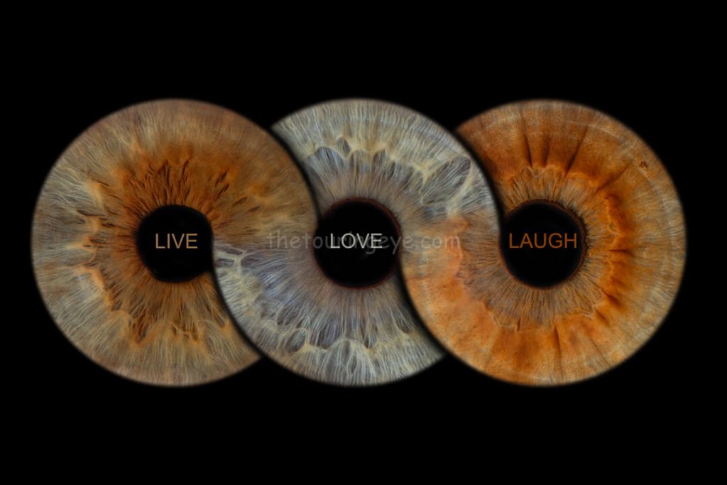 Three eye irises in an infinity loop. Eye photography. Iris photography