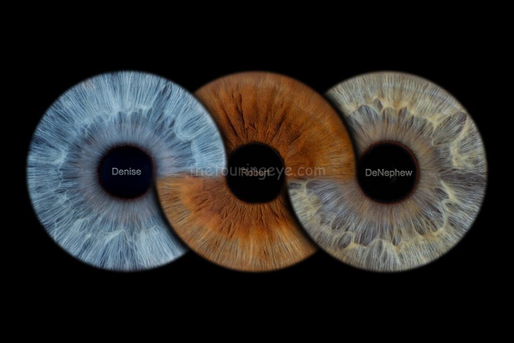 3 eye irises in an infinity loop. Each pupil has a name written in it. Iris photography UK. Eye photography UK.
