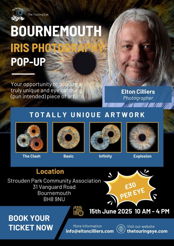 Bournemouth, Dorset iris photography pop-up event poster. Eye photography