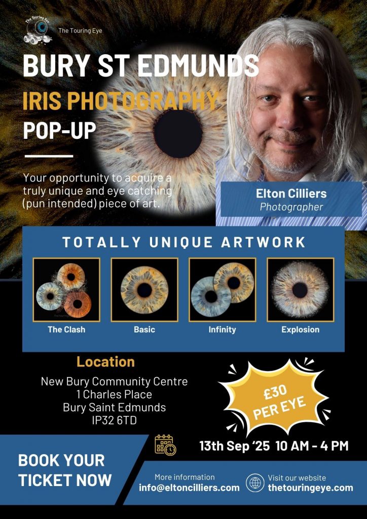Bury St Edmunds, Suffolk iris photography pop-up event poster. Eye photography UK
