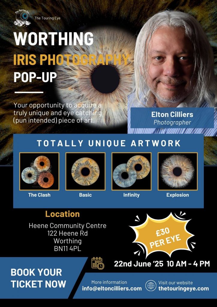 Worthing, West Sussex iris photography pop-up event poster. Eye photography UK