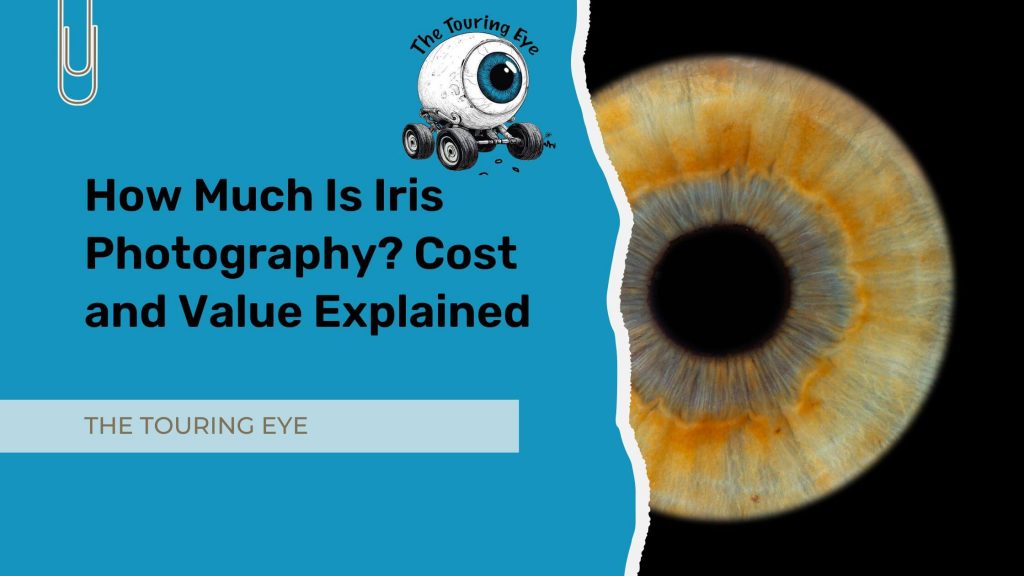 How Much Is Iris Photography? Cost and Value Explained blog post banner. With the title in black text on a blue background on the left and a yellowish looking eye iris on the right