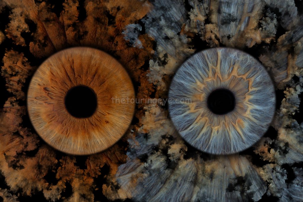 A brown and a blue eye iris artwork showing the two irises surrounded by smoke. Iris photography UK. Eye photography UK