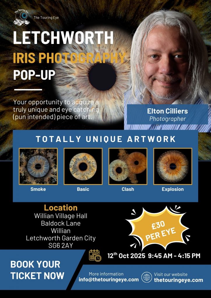 Letchworth Garden City iris photography pop-up event poster. Eye photography. Iris photography. Iris photography event