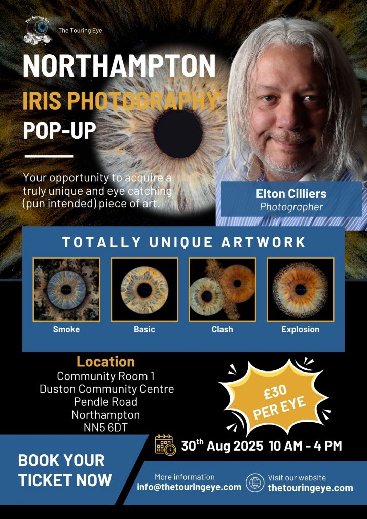 Northampton iris photography pop-up event poster. Eye photography. Iris photography. Iris photography event