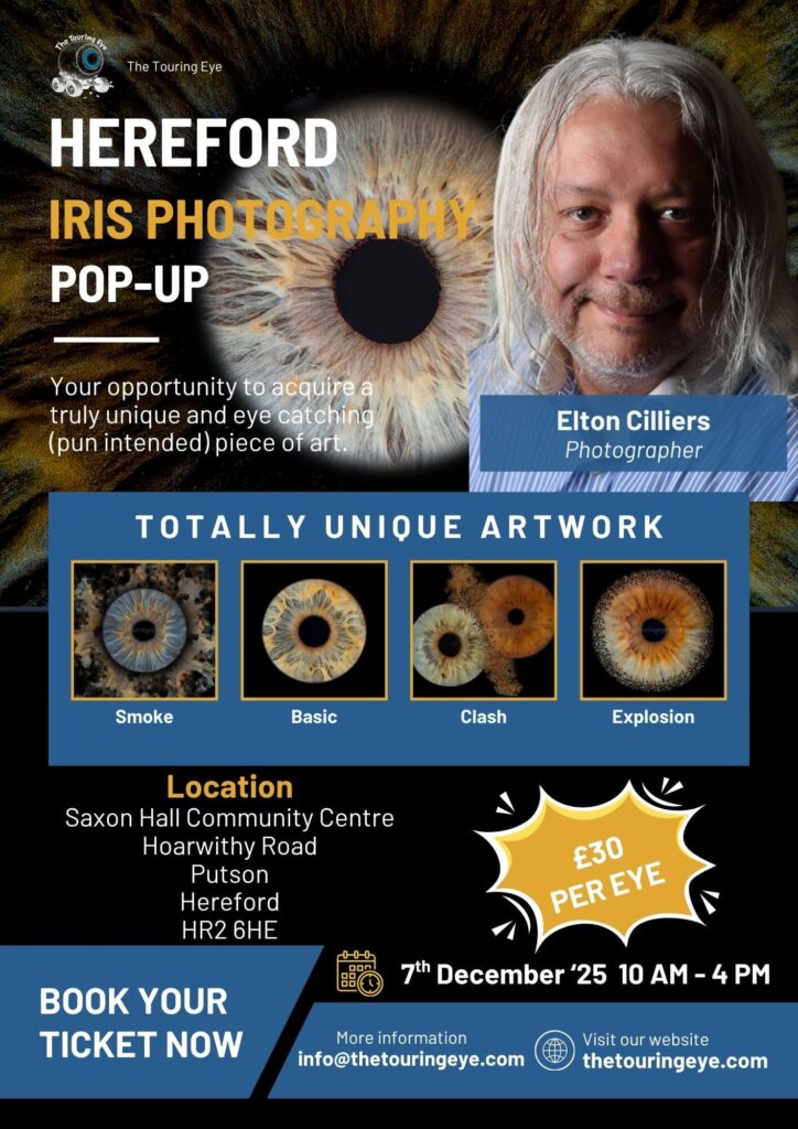 Hereford iris photography pop-up by The Touring Eye. Saxon Hall Community Centre 7th December 2025