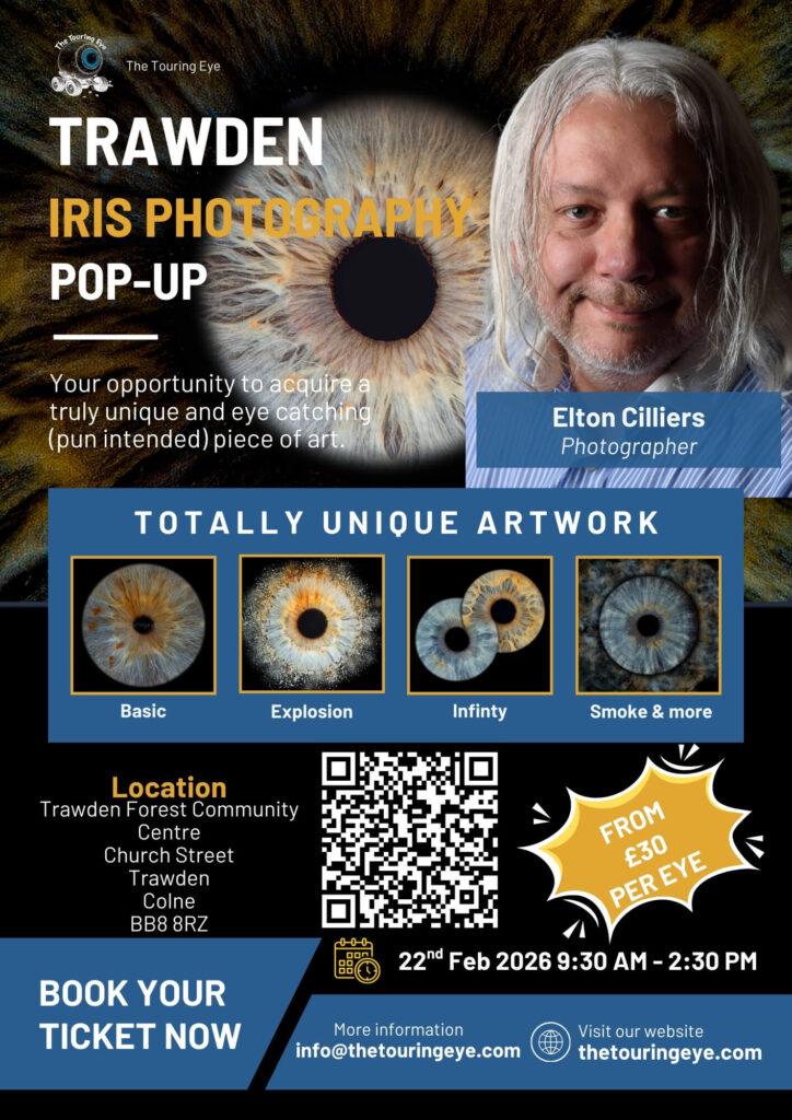 Trawden, Lancashire iris photography pop-up event 22nd February 2026. Eye photography. Iris photography. Iris photography event. The Touring Eye