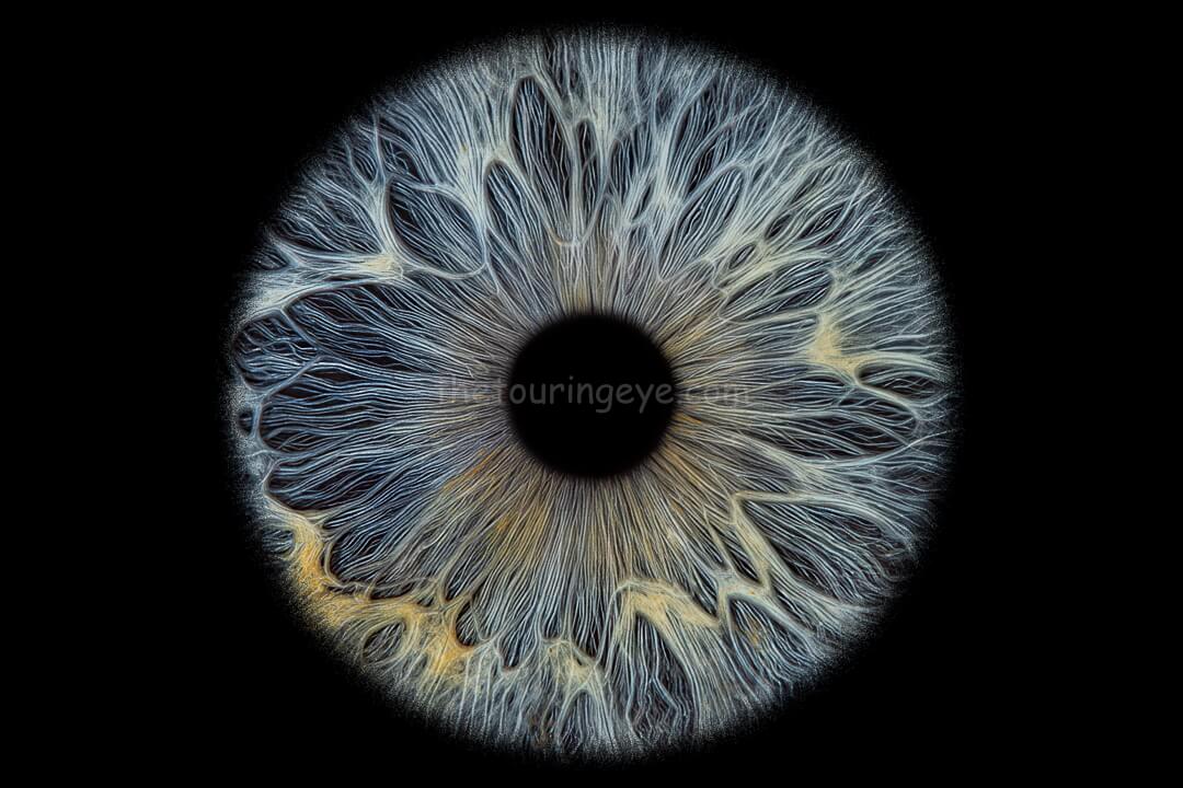 A closeup, highly detailed eye iris image showing a blue iris with patches of amber. Iris photography. Eye photography. The Touring Eye. UK