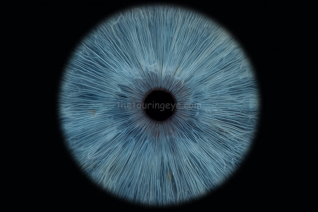 A macro, close up image of a bright blue eye in high detail . The Touring Eye. Iris eye photography. Iris photography. Eye photography