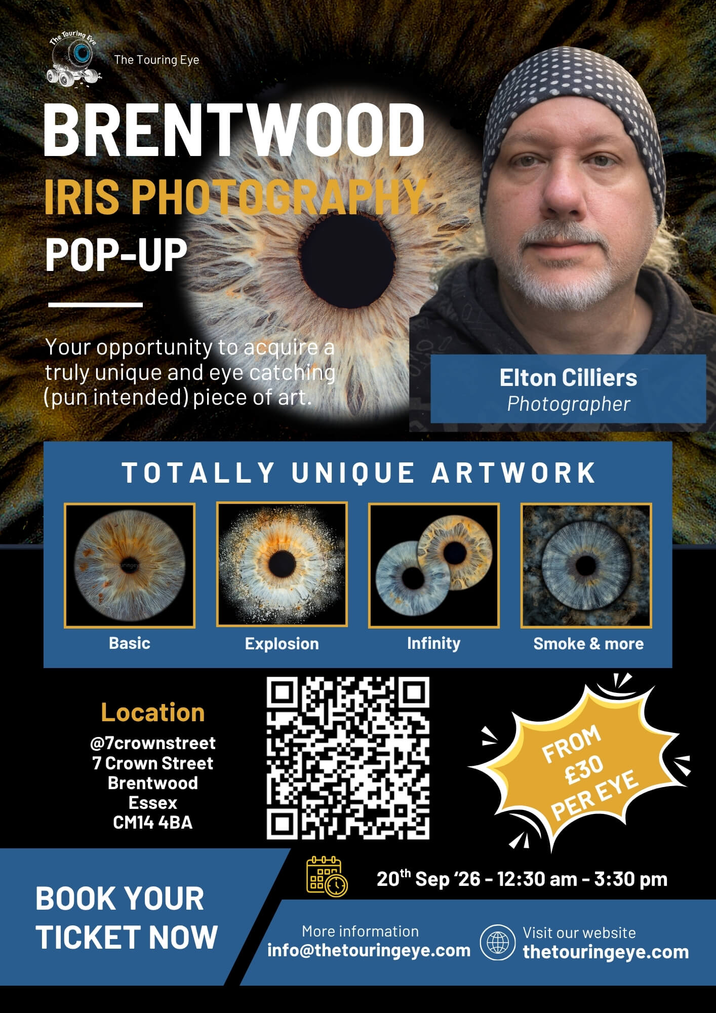 Brentwood, Essex, Iris eye photography pop-up event, Sunday 20th September 2026. Iris Photography UK. Eye Photography UK. The Touring Eye