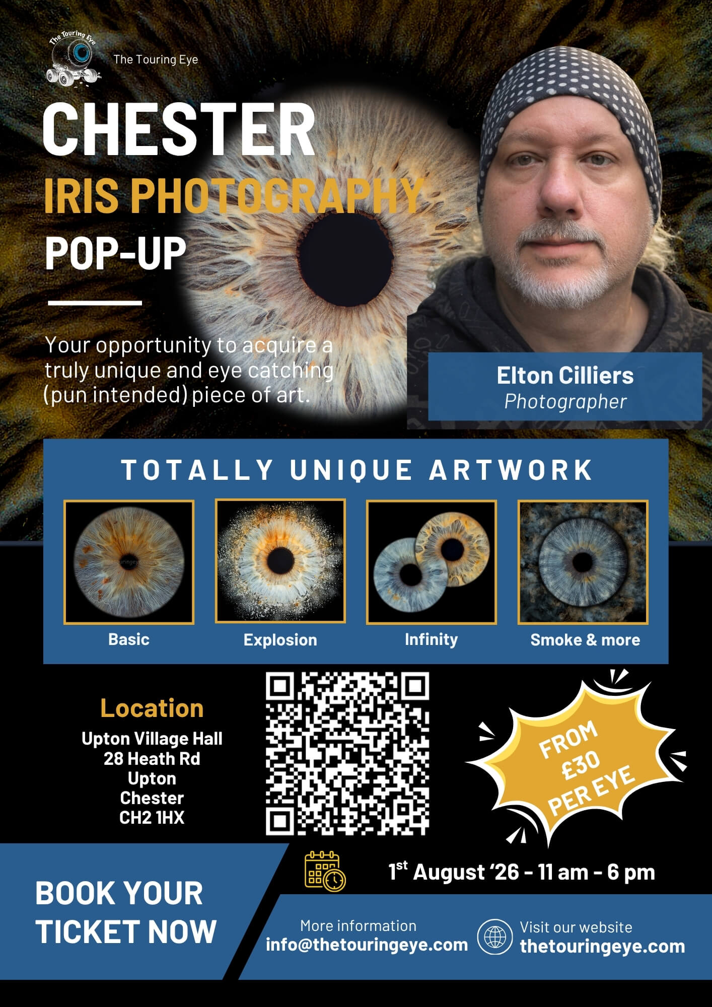 Chester, Cheshire, Iris eye photography pop-up event, Saturday 1st August 2026. Iris Photography UK. Eye Photography UK. The Touring Eye