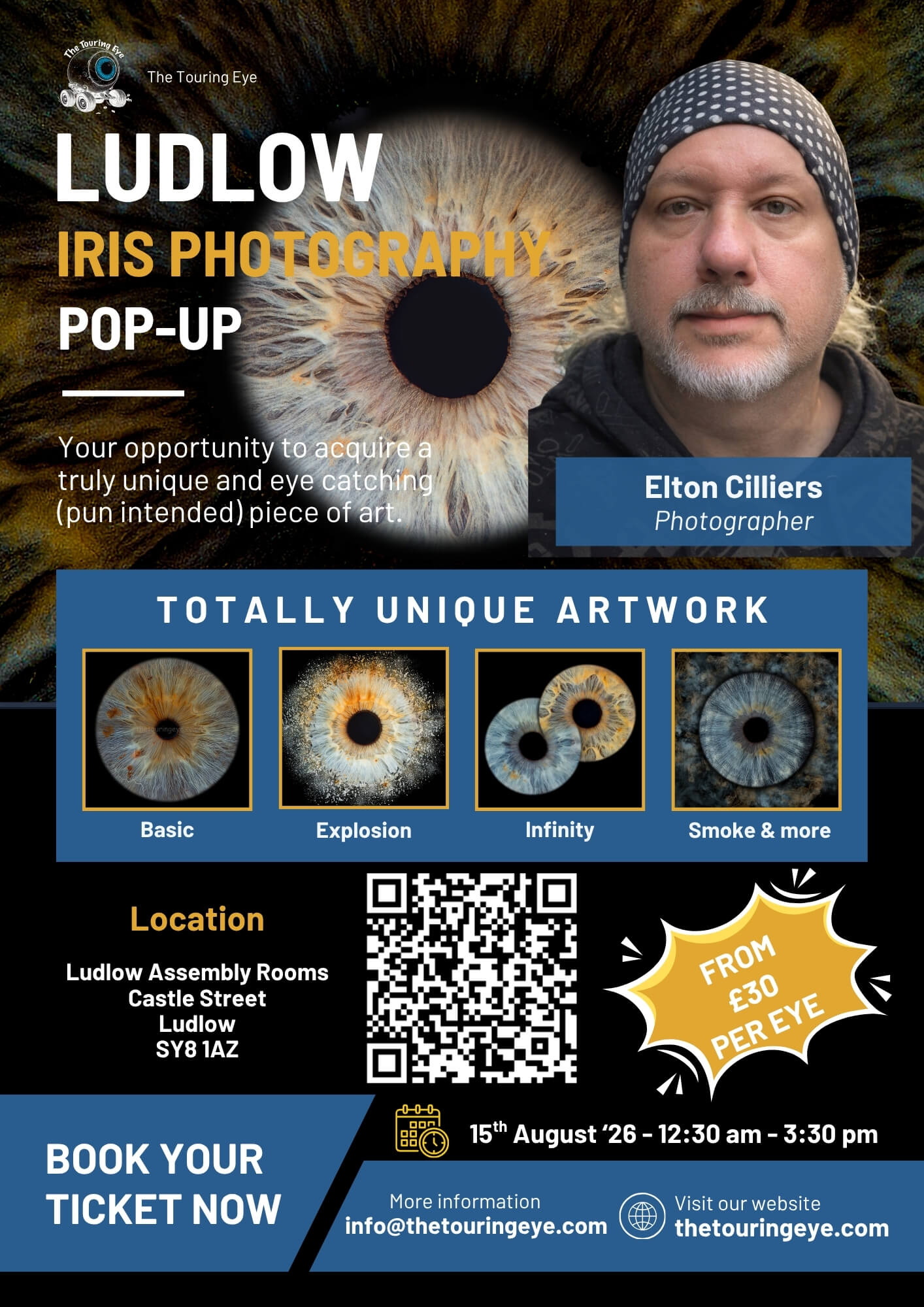 Ludlow, Shropshire, Iris eye photography pop-up event, Saturday 15th August 2026. Iris Photography UK. Eye Photography UK. The Touring Eye