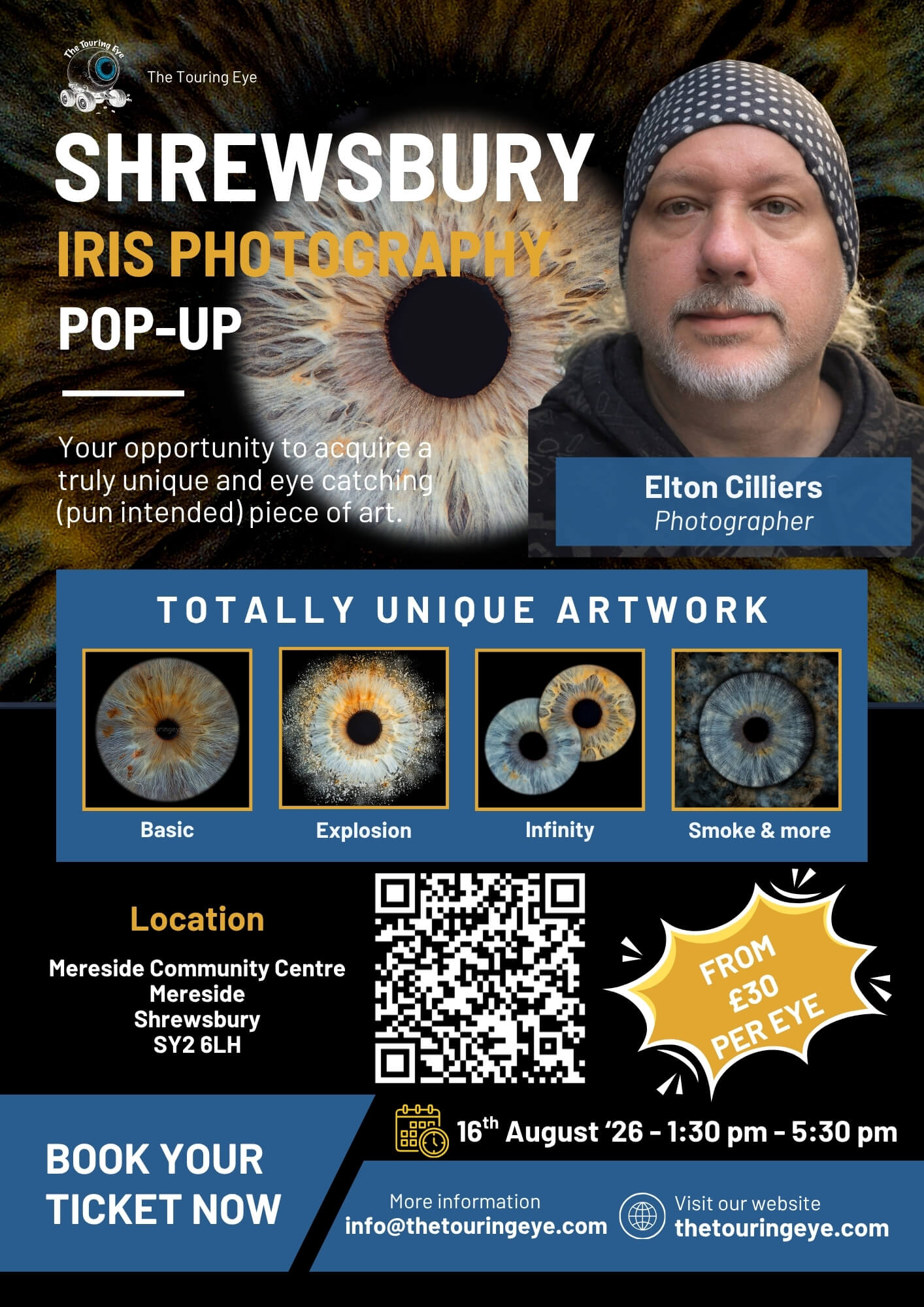 Shrewsbury, Shropshire, Iris eye photography pop-up event, Sunday 16th August 2026. Iris Photography UK. Eye Photography UK. The Touring Eye