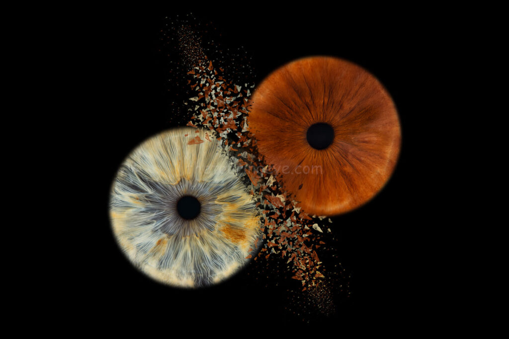 2 high definitely eye irises clash with particles scattering. Iris photography. Eye photography. The Touring Eye. Eye art. Eye artwork