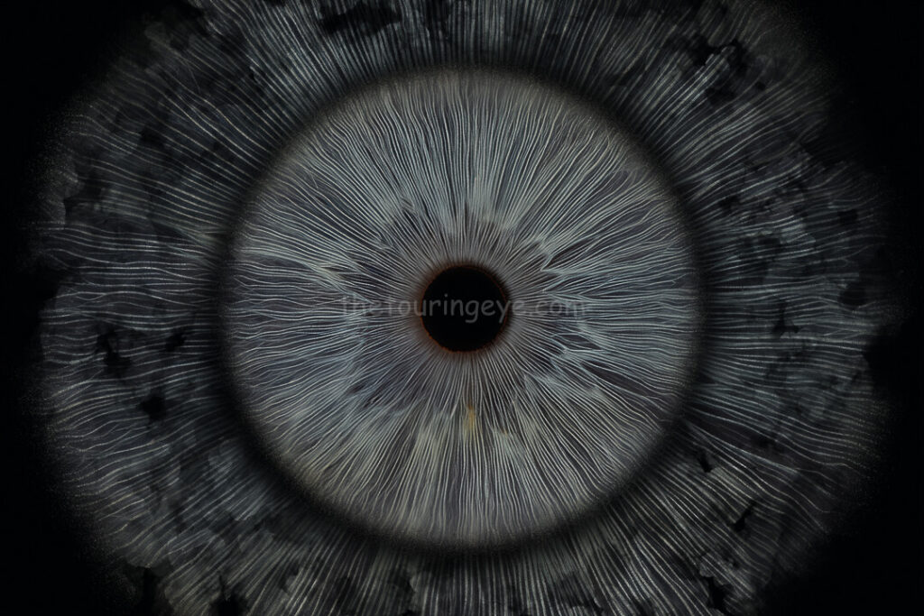 A dark blue eye iris with a smoke effect surrounding it. Iris photography UK. Eye photography UK. Eye art. Iris art. Eye artwork. Hand edited artwork. The Touring Eye