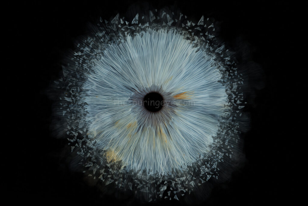 A bright blue eye iris exploding. Iris photography. Eye photography. The Touring Eye. Eye art. Eye artwork.