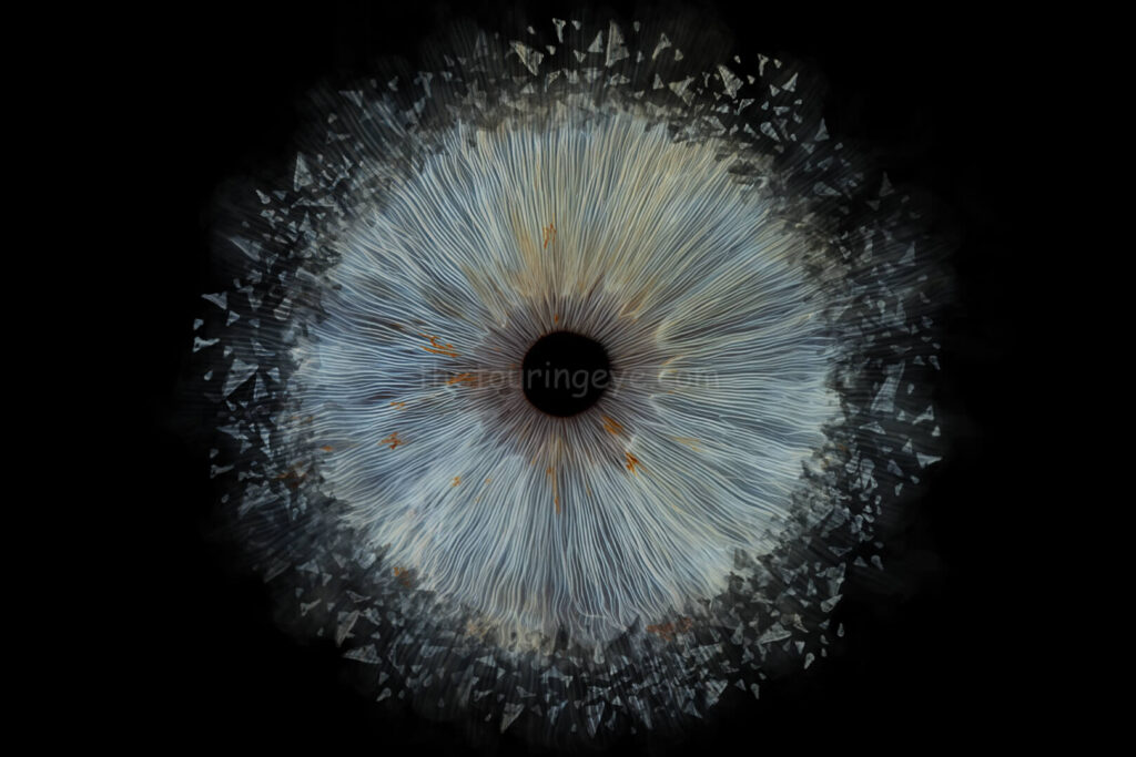A light blue eye iris exploding. Iris photography. Eye photography. The Touring Eye. Eye art. Eye artwork.
